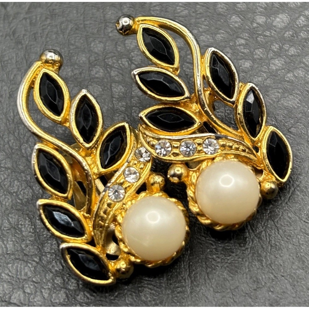 Vintage Pearl Black Onyx Rhinestone Leaf Clip Earrings Gold Tone